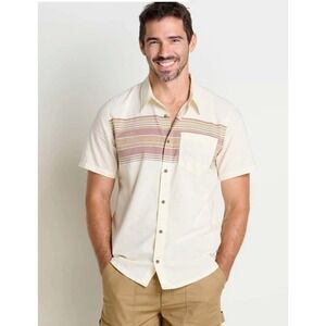 TOAD&CO Airscape Short Sleeve Shirt Dark Roast Strips Organic Cotton Size Large‎